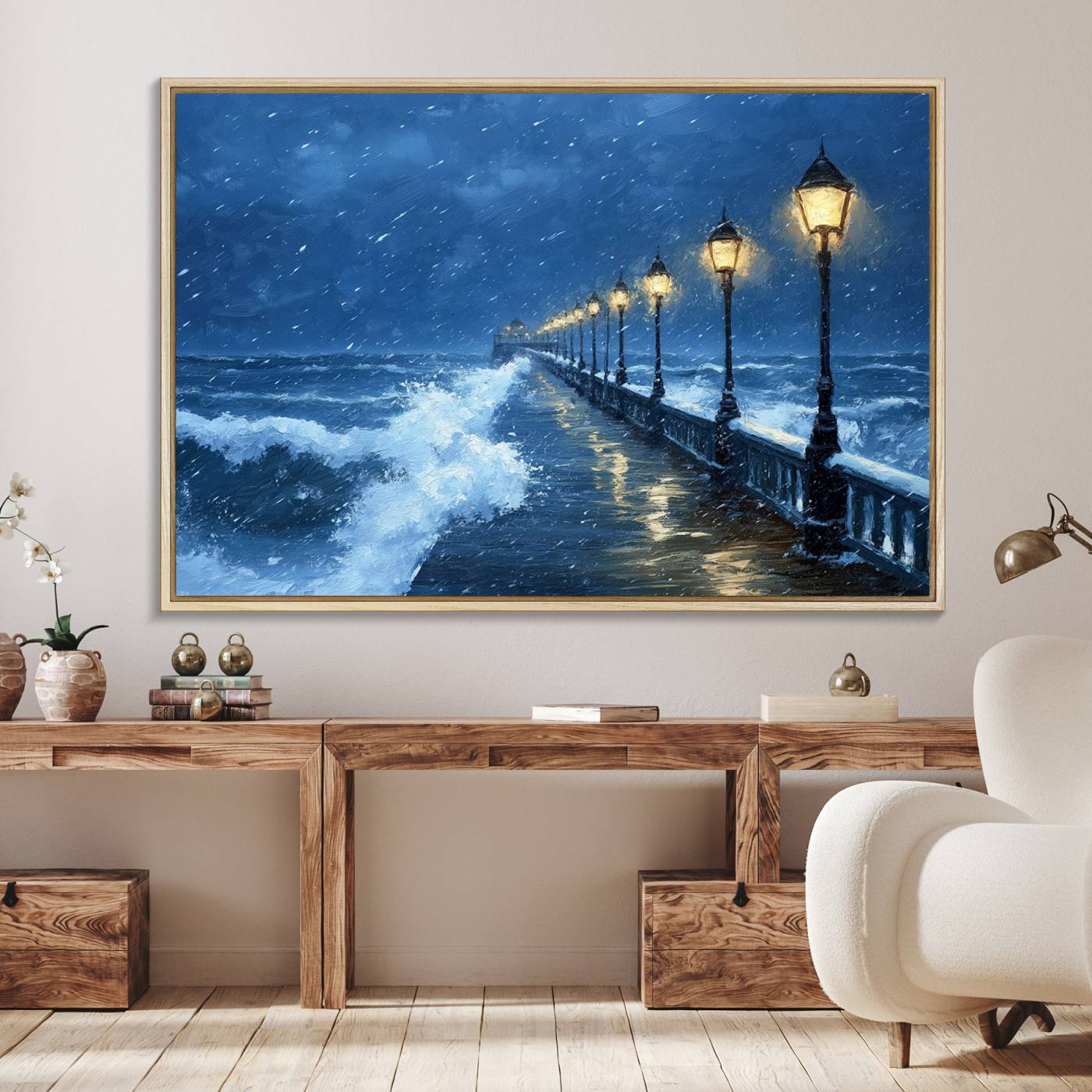 32668-MGV-FC-36X24_Natural-Stormy Ocean Pier Lights Canvas Wall Art Print - Large Moody Night Scene for Living Room, or Office, Seaside Wall Decor