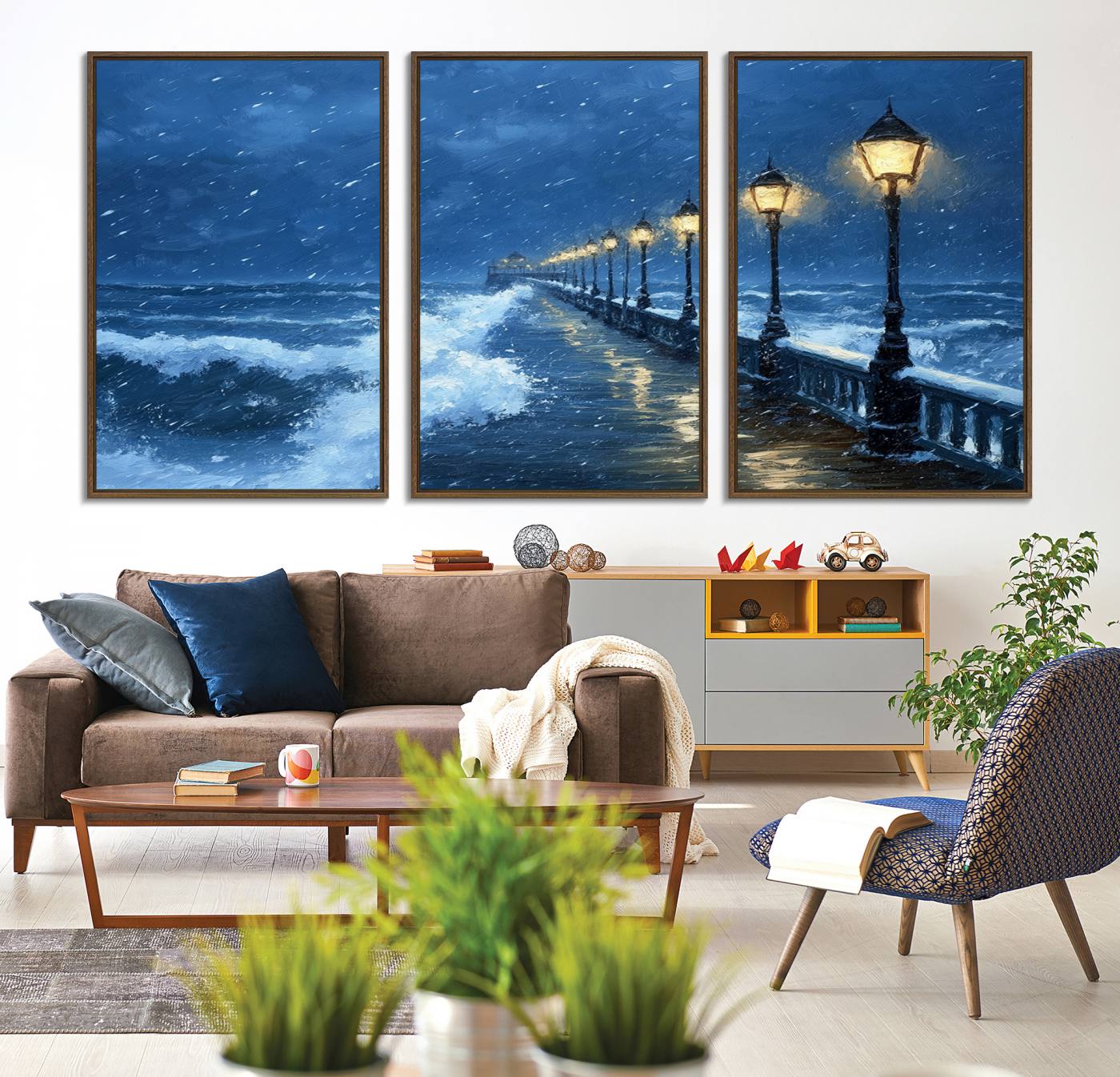 32668-MGV-FC-60X30-3P_Walnut-Stormy Ocean Pier Lights Canvas Wall Art Print - Large Moody Night Scene for Living Room, or Office, Seaside Wall Decor