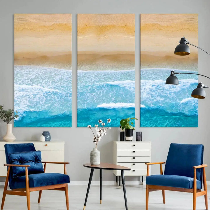 The Stunning Aerial Beach Canvas Print Wall Art, depicting turquoise waves and golden sand, is printed on museum-quality canvas.