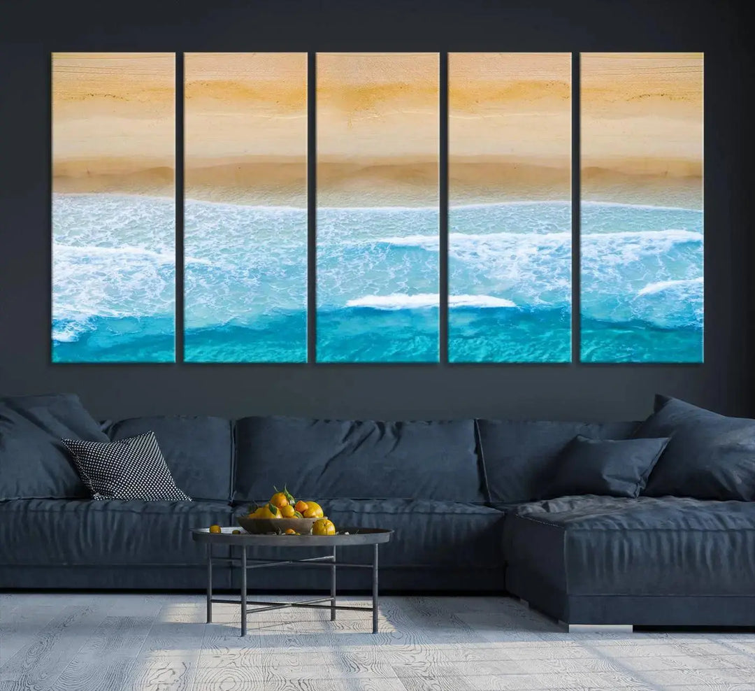 The Stunning Aerial Beach Canvas Print Wall Art, depicting turquoise waves and golden sand, is printed on museum-quality canvas.