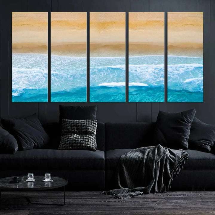 The Stunning Aerial Beach Canvas Print Wall Art, depicting turquoise waves and golden sand, is printed on museum-quality canvas.