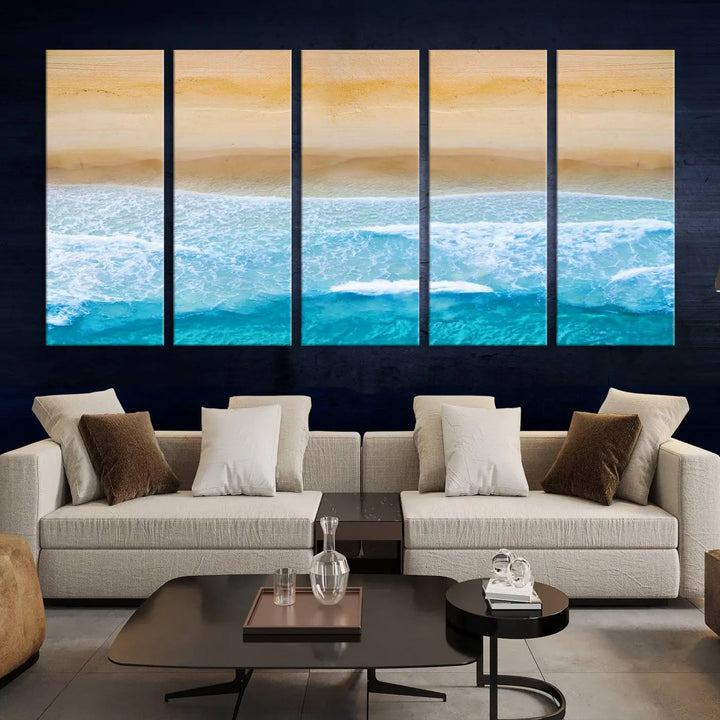 The Stunning Aerial Beach Canvas Print Wall Art, depicting turquoise waves and golden sand, is printed on museum-quality canvas.