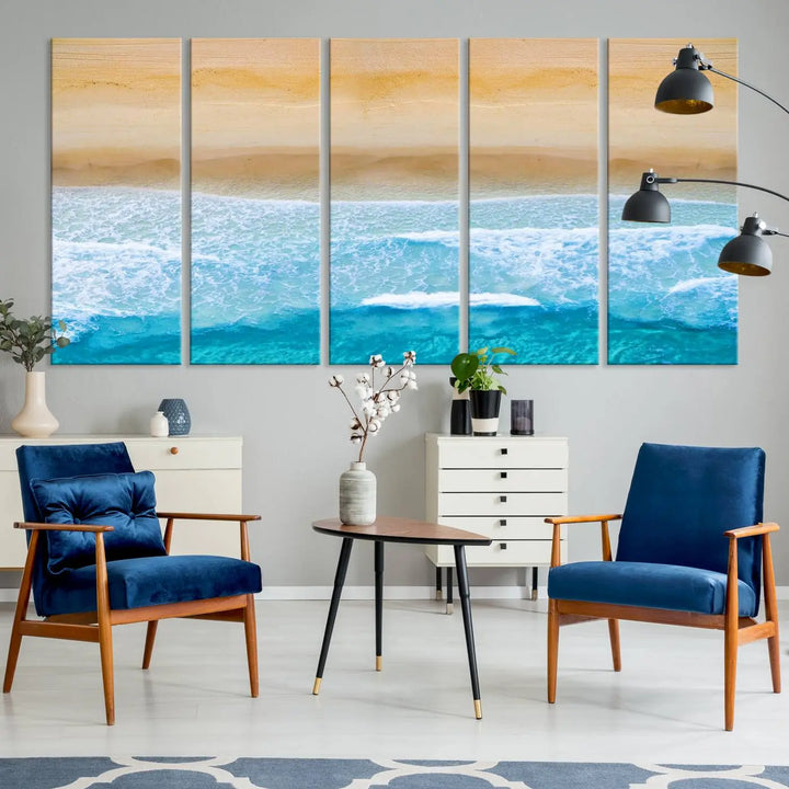 The Stunning Aerial Beach Canvas Print Wall Art, depicting turquoise waves and golden sand, is printed on museum-quality canvas.