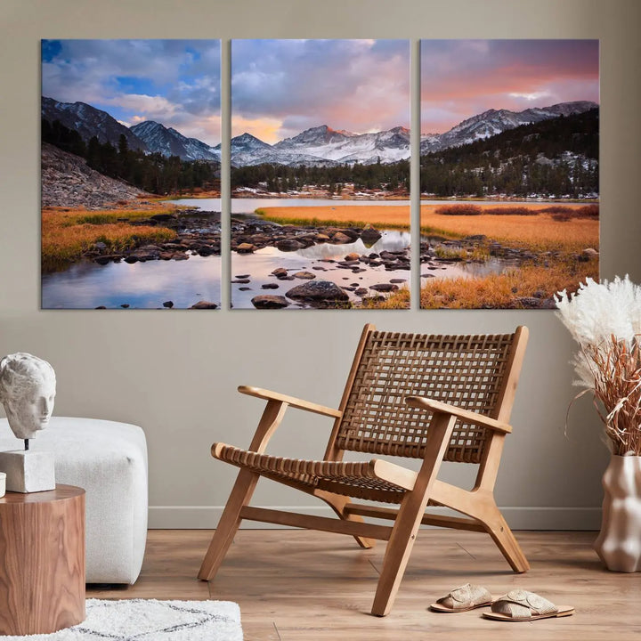 The living room features the Stunning Mountain Landscape Canvas Wall Art Print, a museum-quality triptych painting on UV-protective canvas that depicts majestic mountains and a serene river.