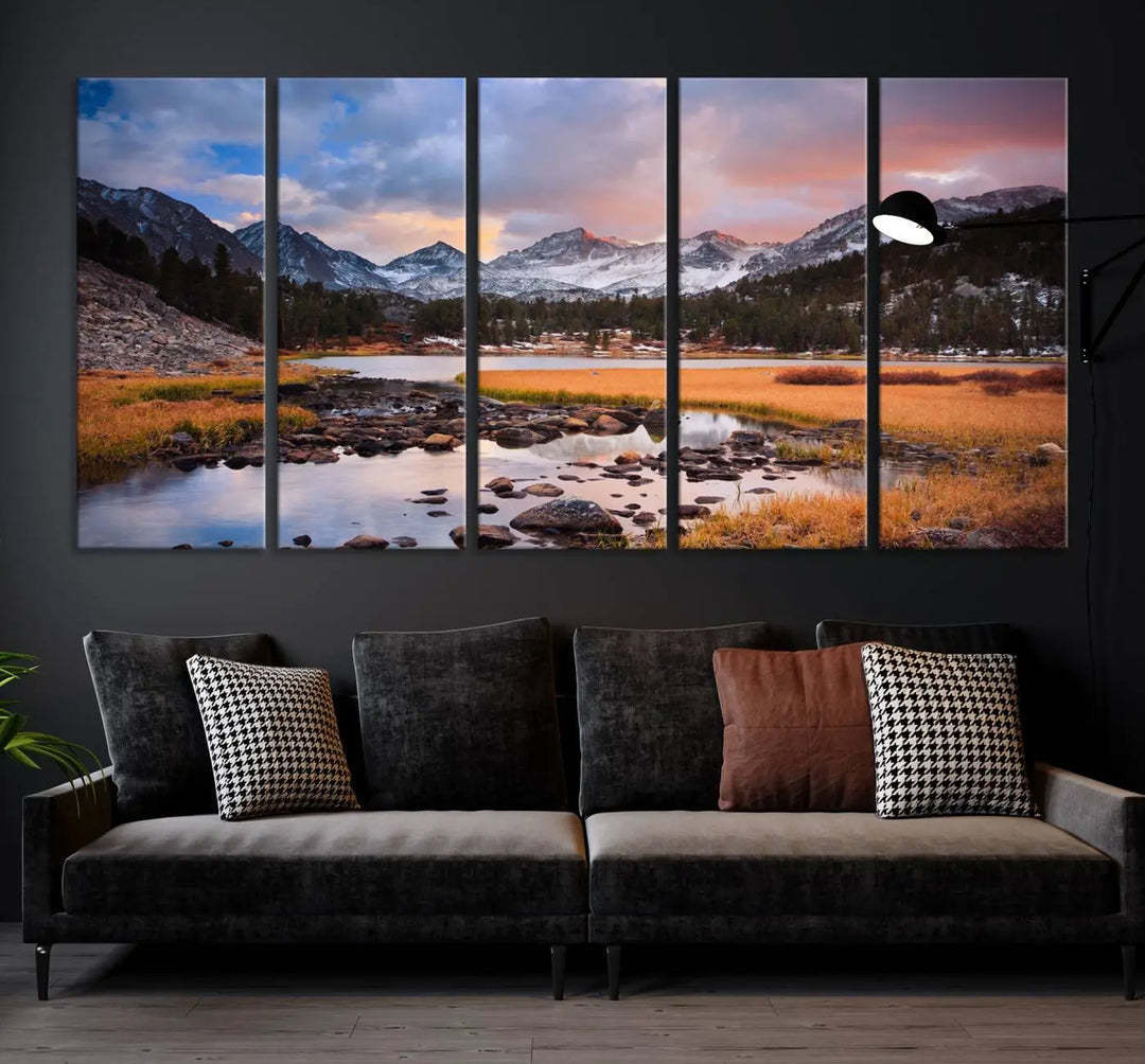 The living room features the Stunning Mountain Landscape Canvas Wall Art Print, a museum-quality triptych painting on UV-protective canvas that depicts majestic mountains and a serene river.