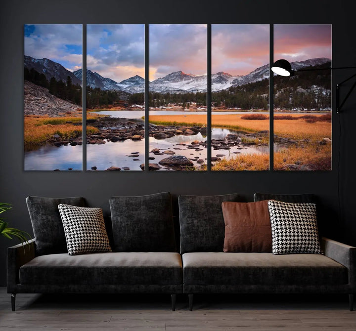 The living room features the Stunning Mountain Landscape Canvas Wall Art Print, a museum-quality triptych painting on UV-protective canvas that depicts majestic mountains and a serene river.