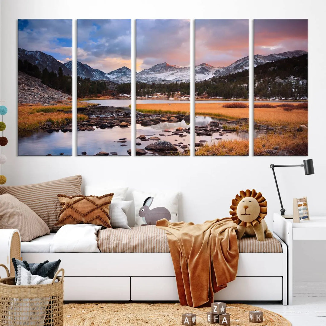 The living room features the Stunning Mountain Landscape Canvas Wall Art Print, a museum-quality triptych painting on UV-protective canvas that depicts majestic mountains and a serene river.