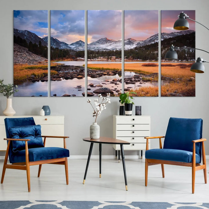 The living room features the Stunning Mountain Landscape Canvas Wall Art Print, a museum-quality triptych painting on UV-protective canvas that depicts majestic mountains and a serene river.