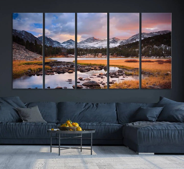 The living room features the Stunning Mountain Landscape Canvas Wall Art Print, a museum-quality triptych painting on UV-protective canvas that depicts majestic mountains and a serene river.