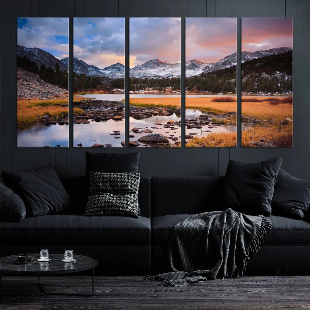 The living room features the Stunning Mountain Landscape Canvas Wall Art Print, a museum-quality triptych painting on UV-protective canvas that depicts majestic mountains and a serene river.