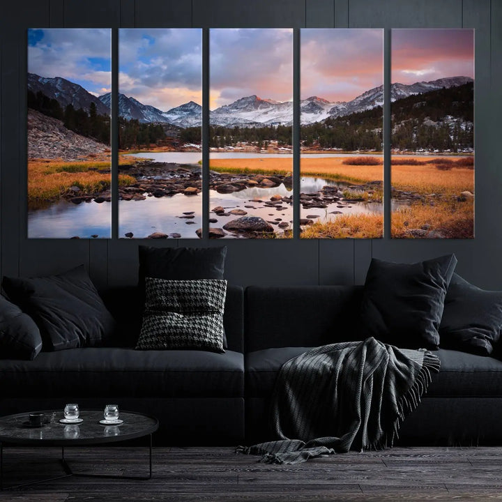 The living room features the Stunning Mountain Landscape Canvas Wall Art Print, a museum-quality triptych painting on UV-protective canvas that depicts majestic mountains and a serene river.