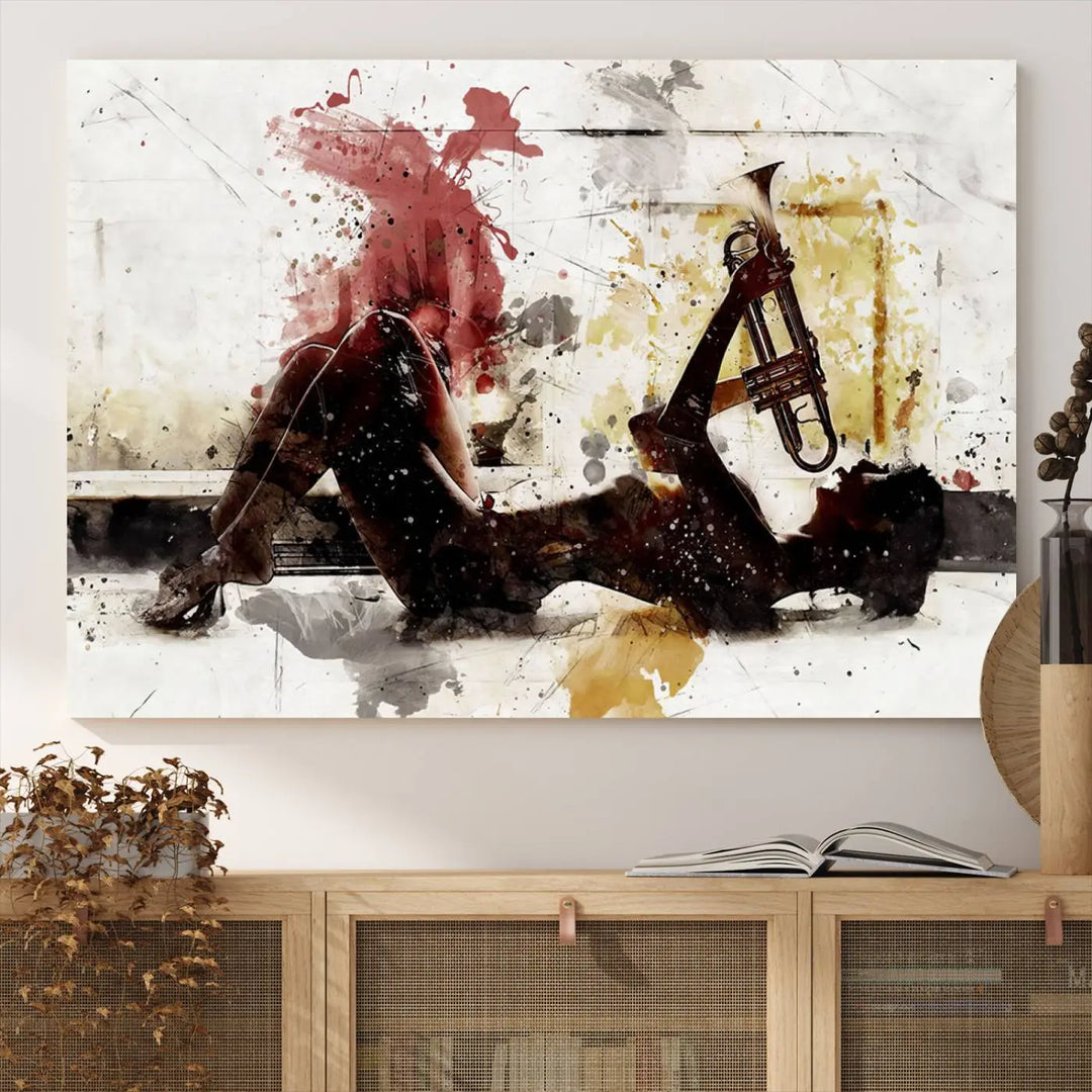 Introducing the Stylish Jazz Woman with Trumpet Triptych Canvas Art: This modern abstract wall décor features a captivating painting of a person lying with a trumpet, set against an abstract background with dynamic red and yellow splashes. This triptych artwork beautifully captures the essence of music and emotion in vibrant colors.