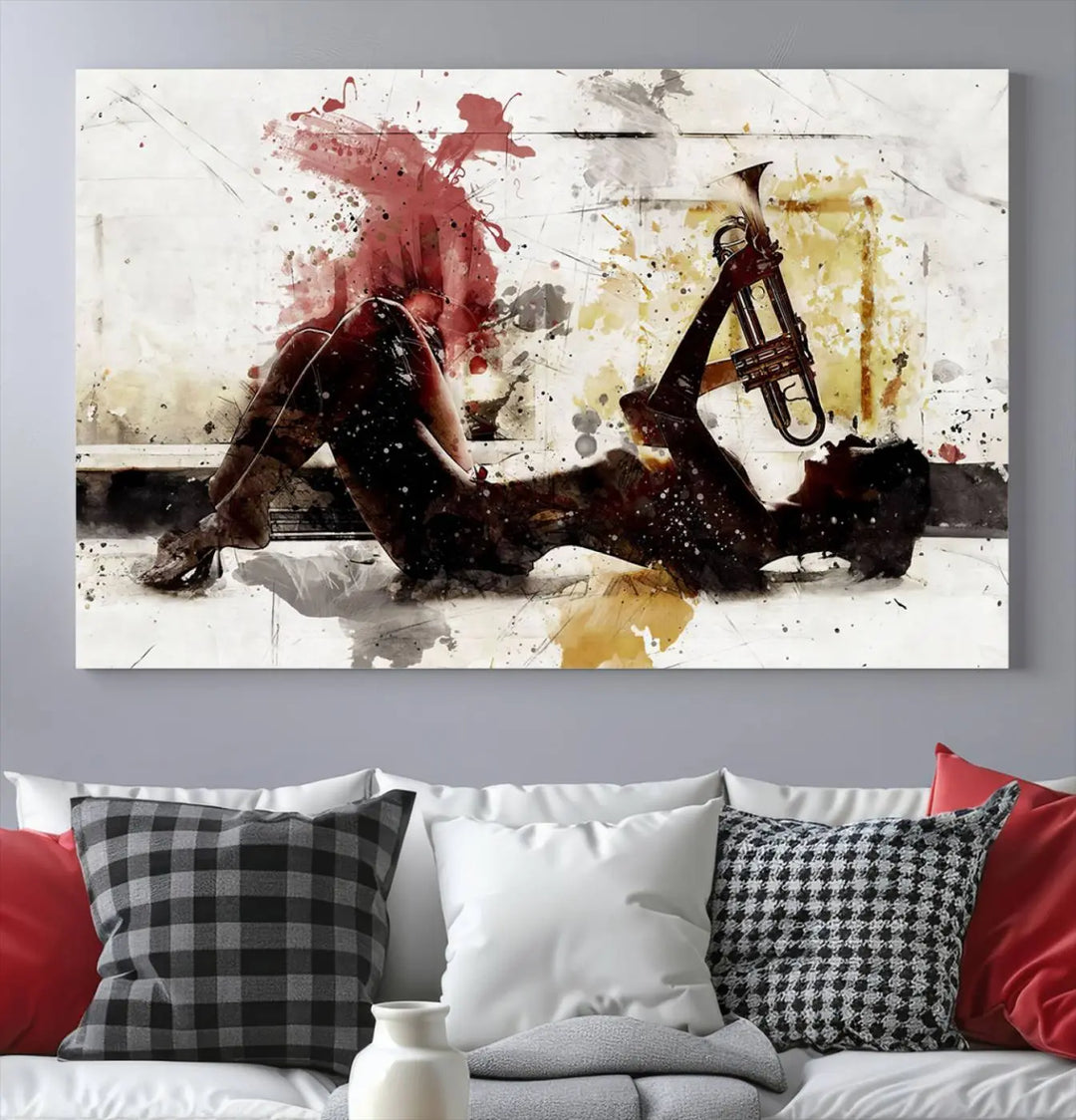 Introducing the Stylish Jazz Woman with Trumpet Triptych Canvas Art: This modern abstract wall décor features a captivating painting of a person lying with a trumpet, set against an abstract background with dynamic red and yellow splashes. This triptych artwork beautifully captures the essence of music and emotion in vibrant colors.