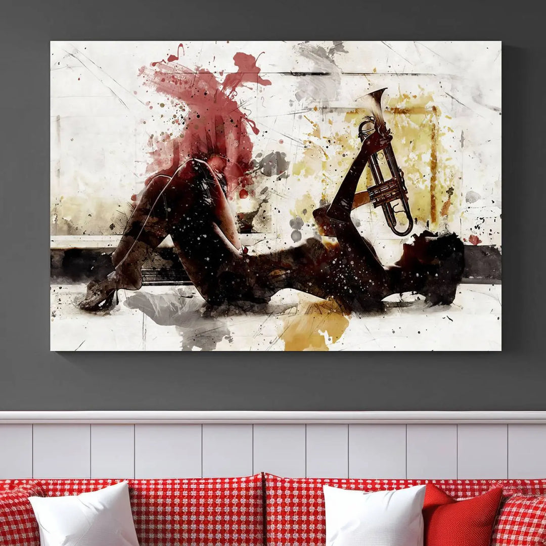 Introducing the Stylish Jazz Woman with Trumpet Triptych Canvas Art: This modern abstract wall décor features a captivating painting of a person lying with a trumpet, set against an abstract background with dynamic red and yellow splashes. This triptych artwork beautifully captures the essence of music and emotion in vibrant colors.