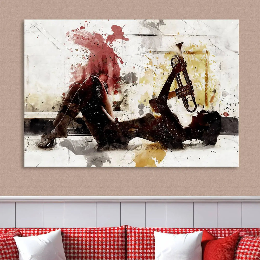 Introducing the Stylish Jazz Woman with Trumpet Triptych Canvas Art: This modern abstract wall décor features a captivating painting of a person lying with a trumpet, set against an abstract background with dynamic red and yellow splashes. This triptych artwork beautifully captures the essence of music and emotion in vibrant colors.