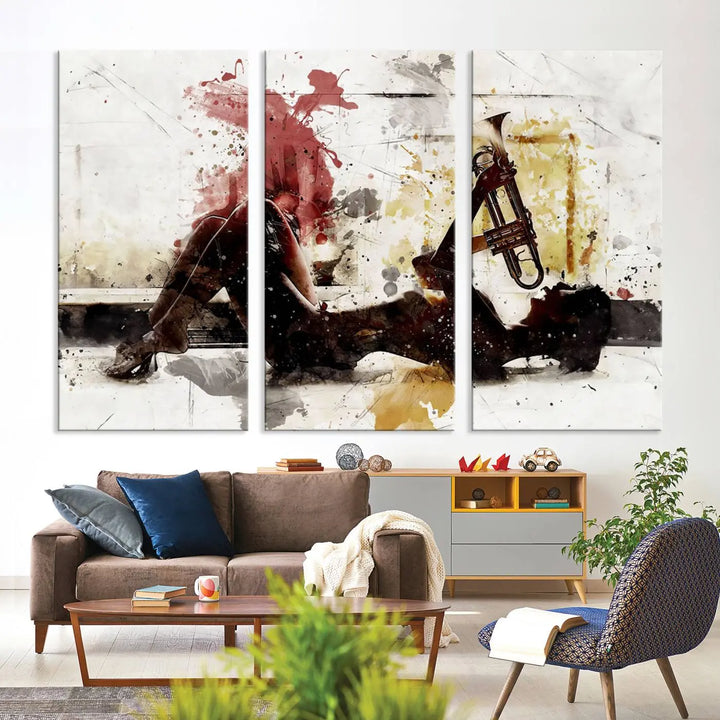 Introducing the Stylish Jazz Woman with Trumpet Triptych Canvas Art: This modern abstract wall décor features a captivating painting of a person lying with a trumpet, set against an abstract background with dynamic red and yellow splashes. This triptych artwork beautifully captures the essence of music and emotion in vibrant colors.