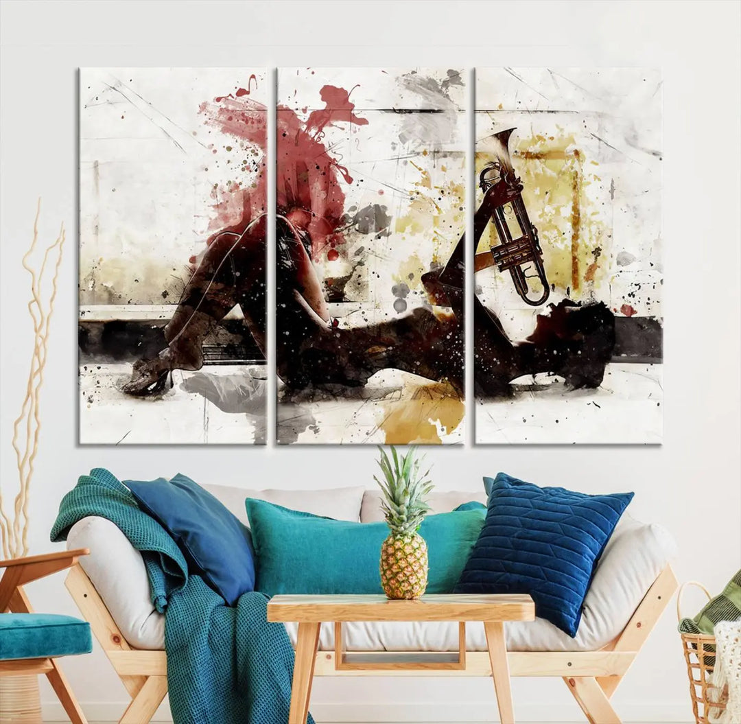 Introducing the Stylish Jazz Woman with Trumpet Triptych Canvas Art: This modern abstract wall décor features a captivating painting of a person lying with a trumpet, set against an abstract background with dynamic red and yellow splashes. This triptych artwork beautifully captures the essence of music and emotion in vibrant colors.