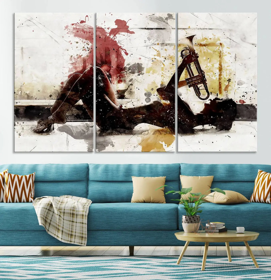 Introducing the Stylish Jazz Woman with Trumpet Triptych Canvas Art: This modern abstract wall décor features a captivating painting of a person lying with a trumpet, set against an abstract background with dynamic red and yellow splashes. This triptych artwork beautifully captures the essence of music and emotion in vibrant colors.