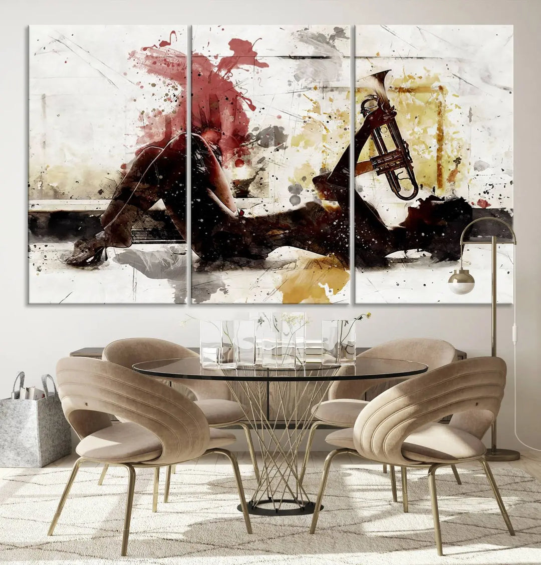 Introducing the Stylish Jazz Woman with Trumpet Triptych Canvas Art: This modern abstract wall décor features a captivating painting of a person lying with a trumpet, set against an abstract background with dynamic red and yellow splashes. This triptych artwork beautifully captures the essence of music and emotion in vibrant colors.