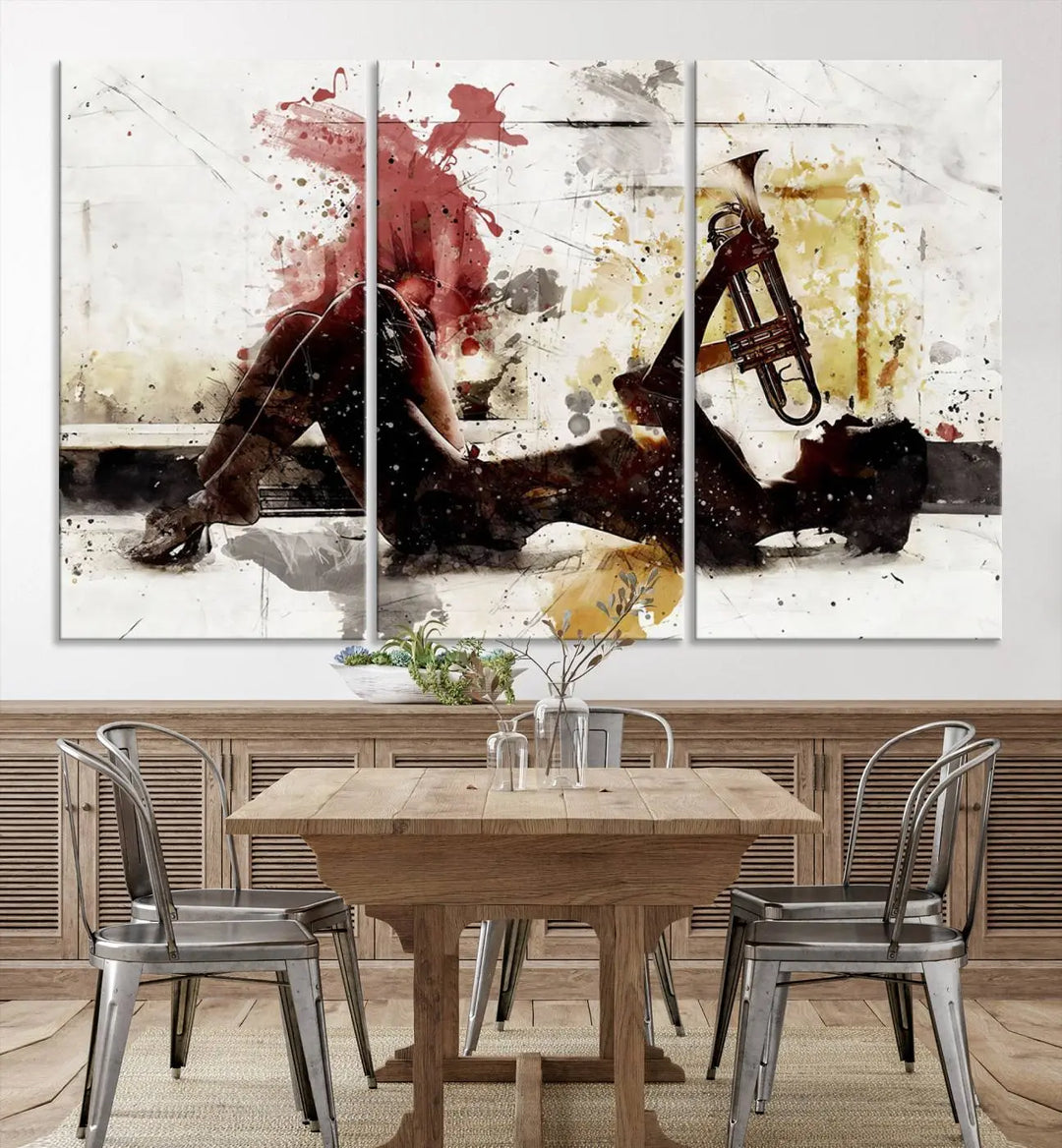 Introducing the Stylish Jazz Woman with Trumpet Triptych Canvas Art: This modern abstract wall décor features a captivating painting of a person lying with a trumpet, set against an abstract background with dynamic red and yellow splashes. This triptych artwork beautifully captures the essence of music and emotion in vibrant colors.