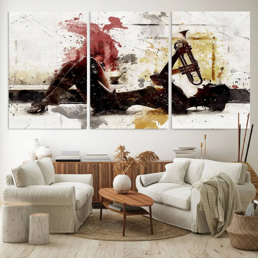 Introducing the Stylish Jazz Woman with Trumpet Triptych Canvas Art: This modern abstract wall décor features a captivating painting of a person lying with a trumpet, set against an abstract background with dynamic red and yellow splashes. This triptych artwork beautifully captures the essence of music and emotion in vibrant colors.