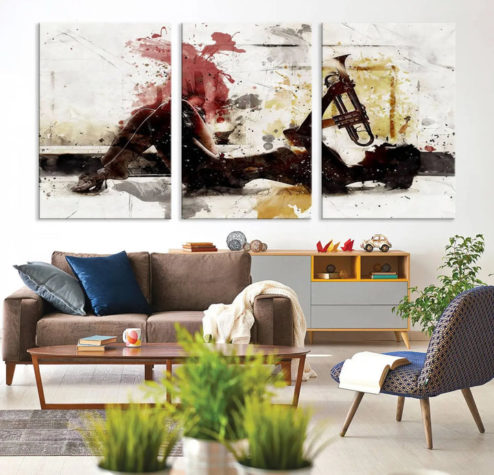 Introducing the Stylish Jazz Woman with Trumpet Triptych Canvas Art: This modern abstract wall décor features a captivating painting of a person lying with a trumpet, set against an abstract background with dynamic red and yellow splashes. This triptych artwork beautifully captures the essence of music and emotion in vibrant colors.