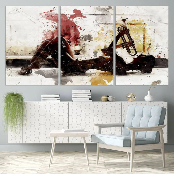 Introducing the Stylish Jazz Woman with Trumpet Triptych Canvas Art: This modern abstract wall décor features a captivating painting of a person lying with a trumpet, set against an abstract background with dynamic red and yellow splashes. This triptych artwork beautifully captures the essence of music and emotion in vibrant colors.