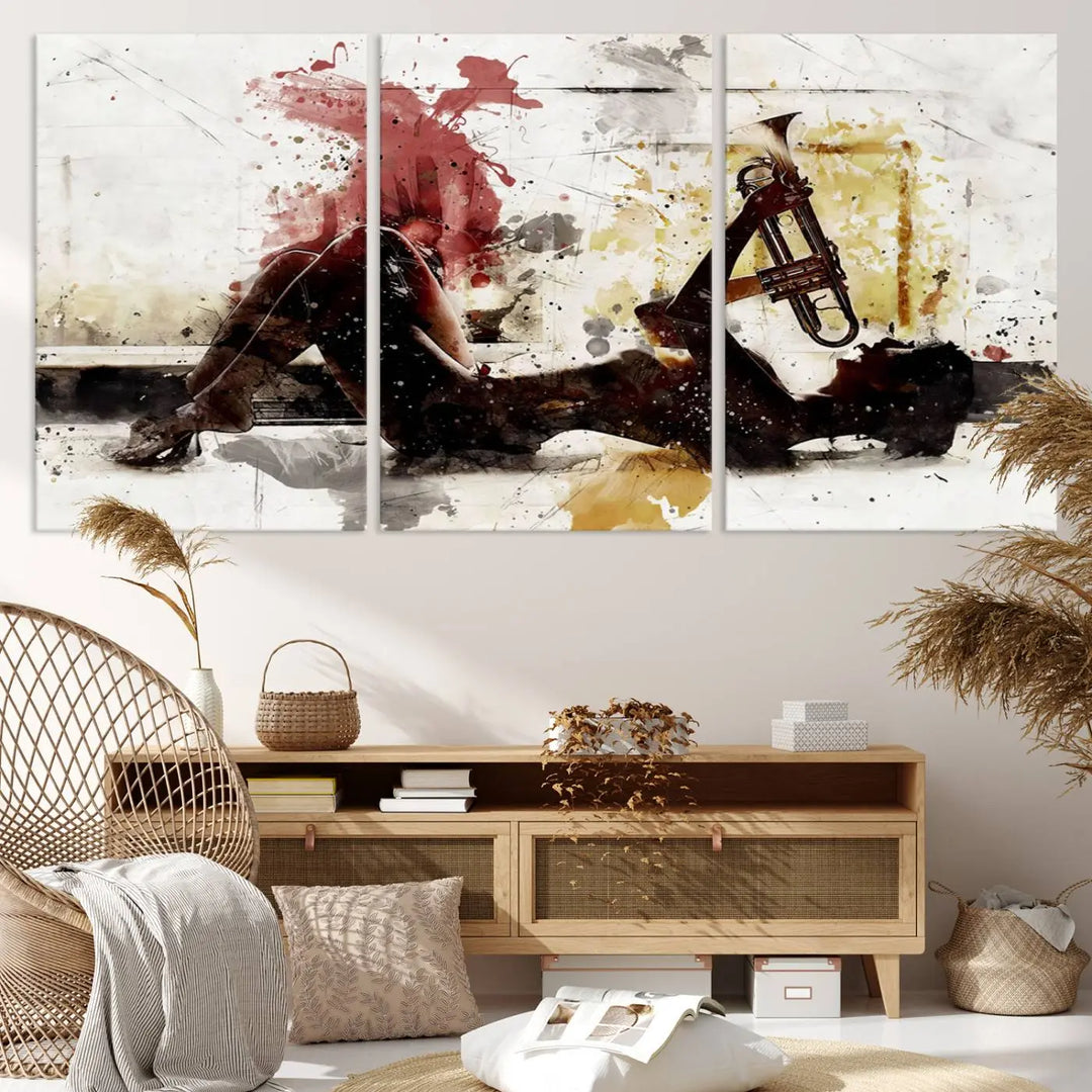 Introducing the Stylish Jazz Woman with Trumpet Triptych Canvas Art: This modern abstract wall décor features a captivating painting of a person lying with a trumpet, set against an abstract background with dynamic red and yellow splashes. This triptych artwork beautifully captures the essence of music and emotion in vibrant colors.