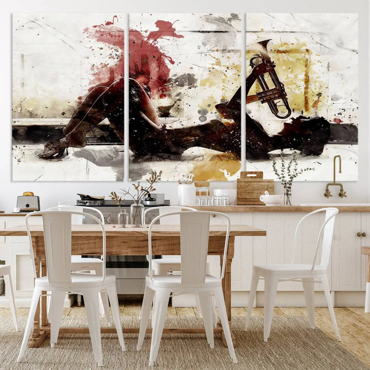 Introducing the Stylish Jazz Woman with Trumpet Triptych Canvas Art: This modern abstract wall décor features a captivating painting of a person lying with a trumpet, set against an abstract background with dynamic red and yellow splashes. This triptych artwork beautifully captures the essence of music and emotion in vibrant colors.