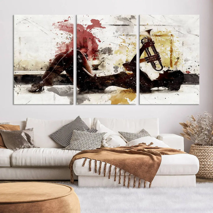 Introducing the Stylish Jazz Woman with Trumpet Triptych Canvas Art: This modern abstract wall décor features a captivating painting of a person lying with a trumpet, set against an abstract background with dynamic red and yellow splashes. This triptych artwork beautifully captures the essence of music and emotion in vibrant colors.