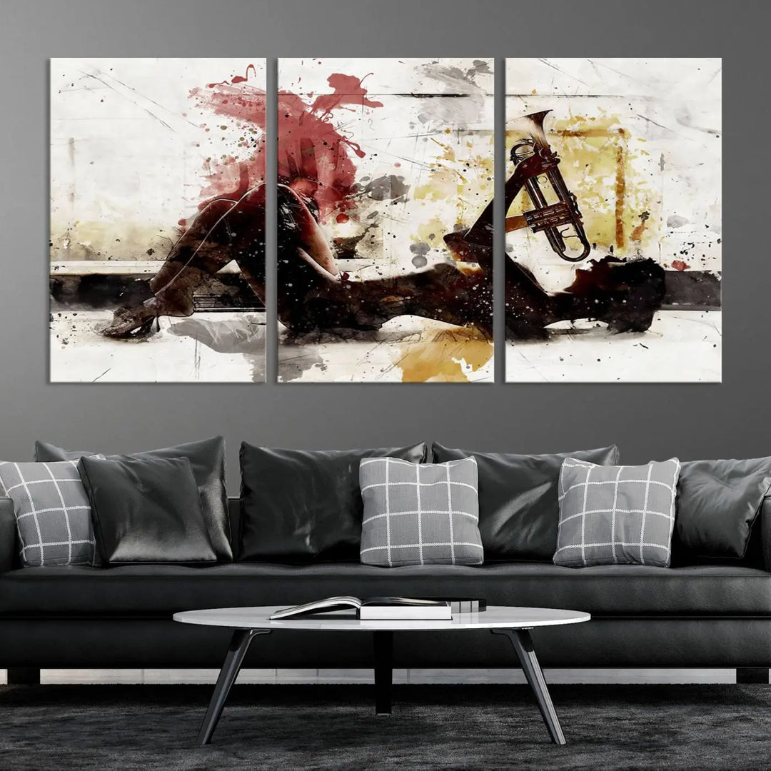 Introducing the Stylish Jazz Woman with Trumpet Triptych Canvas Art: This modern abstract wall décor features a captivating painting of a person lying with a trumpet, set against an abstract background with dynamic red and yellow splashes. This triptych artwork beautifully captures the essence of music and emotion in vibrant colors.