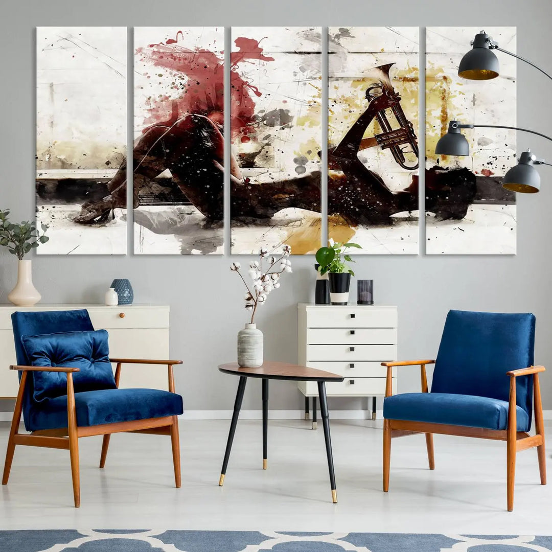 Introducing the Stylish Jazz Woman with Trumpet Triptych Canvas Art: This modern abstract wall décor features a captivating painting of a person lying with a trumpet, set against an abstract background with dynamic red and yellow splashes. This triptych artwork beautifully captures the essence of music and emotion in vibrant colors.