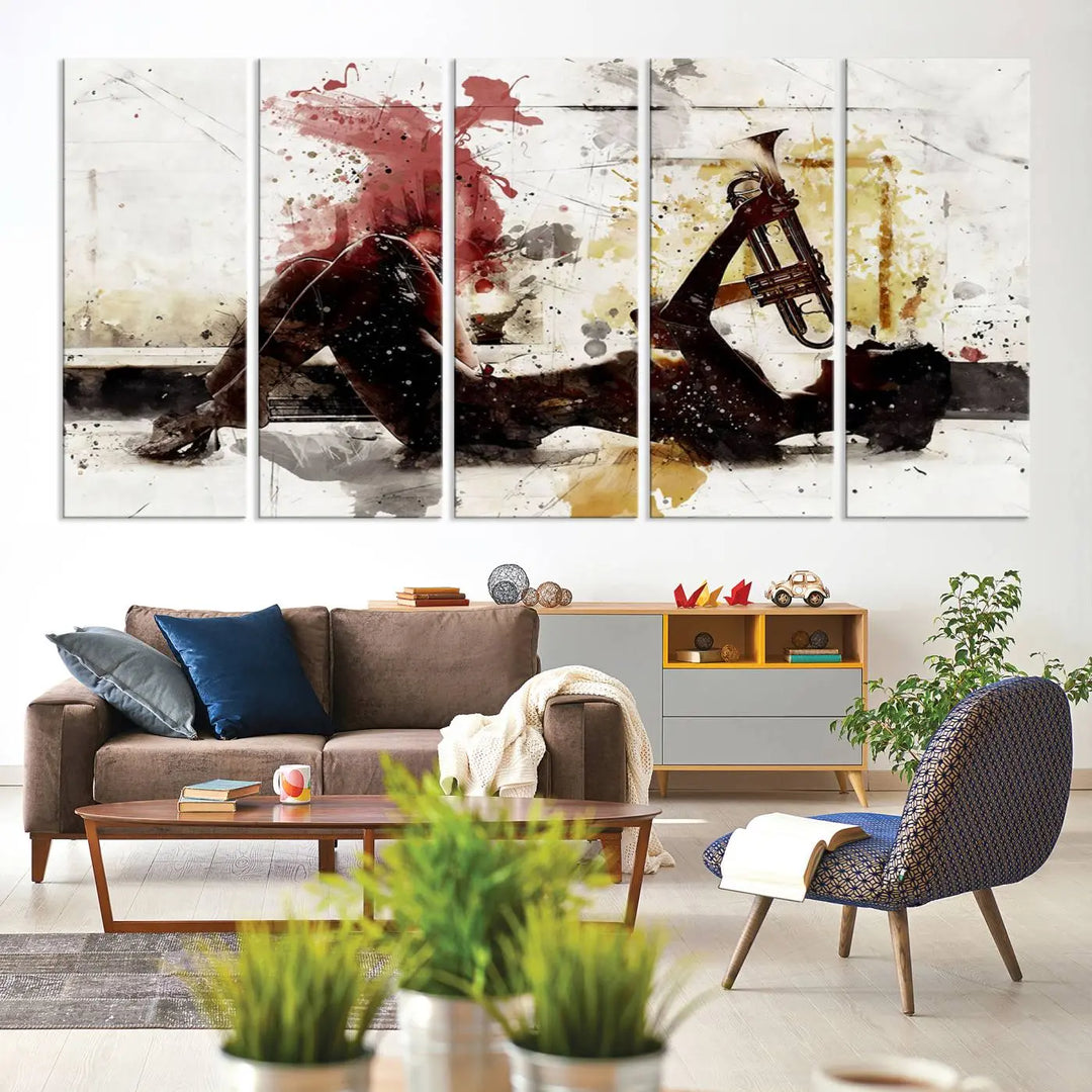 Introducing the Stylish Jazz Woman with Trumpet Triptych Canvas Art: This modern abstract wall décor features a captivating painting of a person lying with a trumpet, set against an abstract background with dynamic red and yellow splashes. This triptych artwork beautifully captures the essence of music and emotion in vibrant colors.