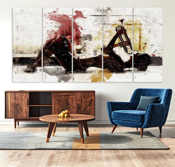 Introducing the Stylish Jazz Woman with Trumpet Triptych Canvas Art: This modern abstract wall décor features a captivating painting of a person lying with a trumpet, set against an abstract background with dynamic red and yellow splashes. This triptych artwork beautifully captures the essence of music and emotion in vibrant colors.