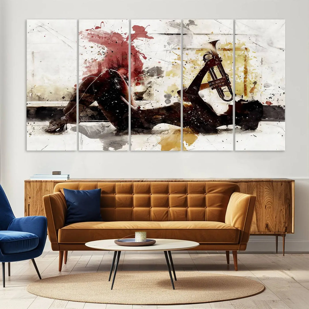 Introducing the Stylish Jazz Woman with Trumpet Triptych Canvas Art: This modern abstract wall décor features a captivating painting of a person lying with a trumpet, set against an abstract background with dynamic red and yellow splashes. This triptych artwork beautifully captures the essence of music and emotion in vibrant colors.