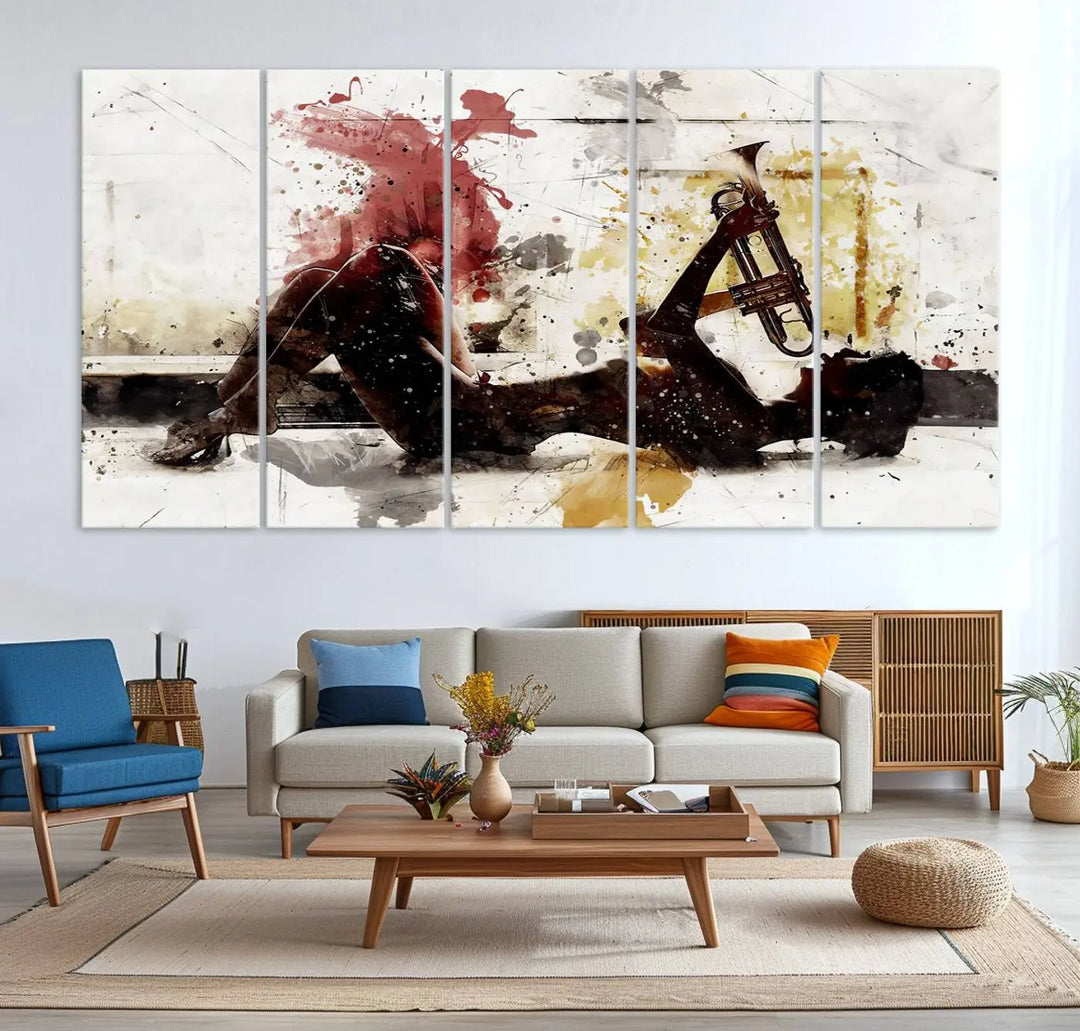 Introducing the Stylish Jazz Woman with Trumpet Triptych Canvas Art: This modern abstract wall décor features a captivating painting of a person lying with a trumpet, set against an abstract background with dynamic red and yellow splashes. This triptych artwork beautifully captures the essence of music and emotion in vibrant colors.