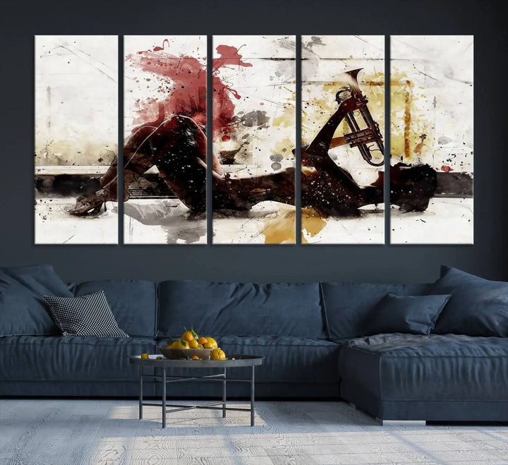 Introducing the Stylish Jazz Woman with Trumpet Triptych Canvas Art: This modern abstract wall décor features a captivating painting of a person lying with a trumpet, set against an abstract background with dynamic red and yellow splashes. This triptych artwork beautifully captures the essence of music and emotion in vibrant colors.