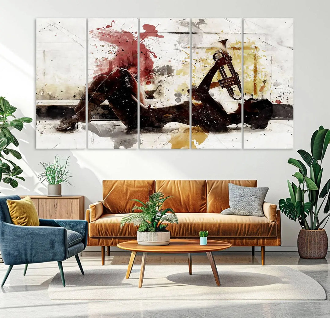 Introducing the Stylish Jazz Woman with Trumpet Triptych Canvas Art: This modern abstract wall décor features a captivating painting of a person lying with a trumpet, set against an abstract background with dynamic red and yellow splashes. This triptych artwork beautifully captures the essence of music and emotion in vibrant colors.