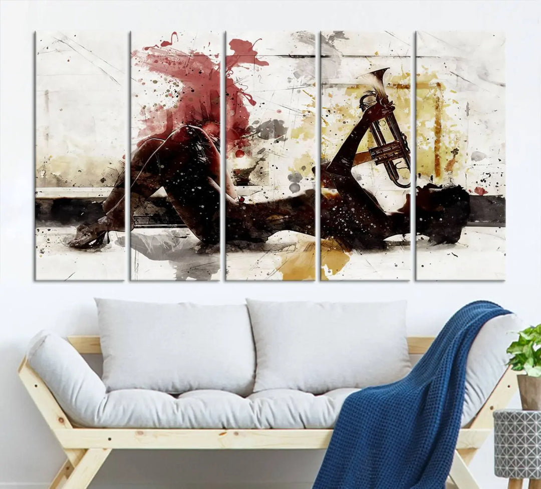 Introducing the Stylish Jazz Woman with Trumpet Triptych Canvas Art: This modern abstract wall décor features a captivating painting of a person lying with a trumpet, set against an abstract background with dynamic red and yellow splashes. This triptych artwork beautifully captures the essence of music and emotion in vibrant colors.