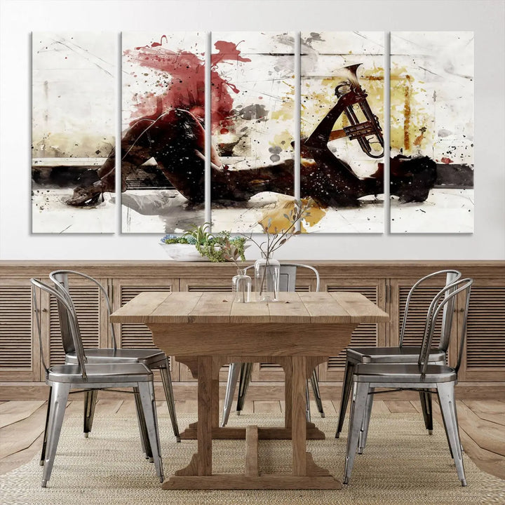 Introducing the Stylish Jazz Woman with Trumpet Triptych Canvas Art: This modern abstract wall décor features a captivating painting of a person lying with a trumpet, set against an abstract background with dynamic red and yellow splashes. This triptych artwork beautifully captures the essence of music and emotion in vibrant colors.