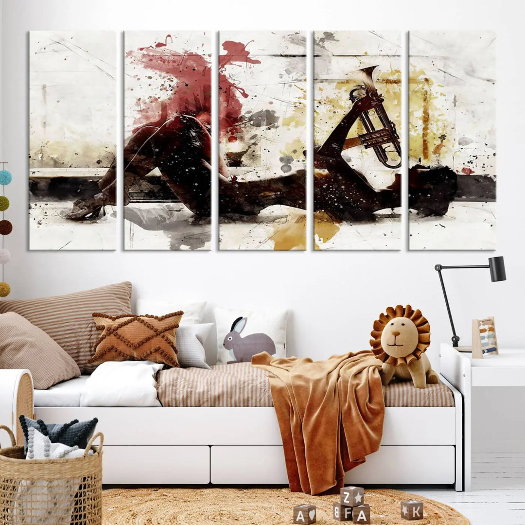 Introducing the Stylish Jazz Woman with Trumpet Triptych Canvas Art: This modern abstract wall décor features a captivating painting of a person lying with a trumpet, set against an abstract background with dynamic red and yellow splashes. This triptych artwork beautifully captures the essence of music and emotion in vibrant colors.