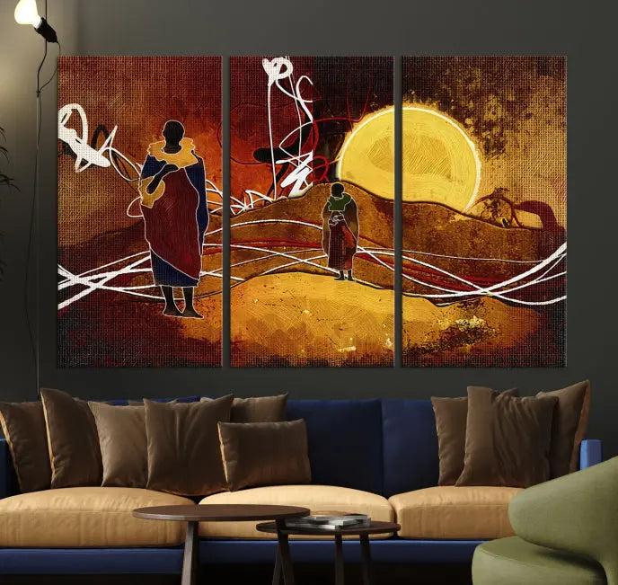 This Sun and African People Wall Art Canvas Print features abstract figures with a prominent yellow sun and dynamic lines. It is crafted on museum-quality canvas with a UV-protective coating and arrives ready to hang.