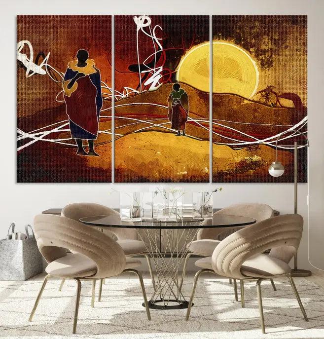 This Sun and African People Wall Art Canvas Print features abstract figures with a prominent yellow sun and dynamic lines. It is crafted on museum-quality canvas with a UV-protective coating and arrives ready to hang.