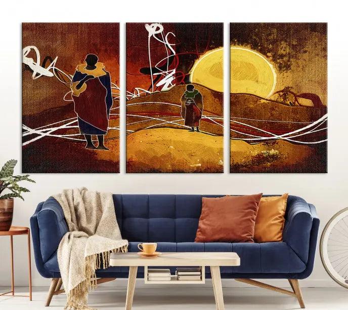 This Sun and African People Wall Art Canvas Print features abstract figures with a prominent yellow sun and dynamic lines. It is crafted on museum-quality canvas with a UV-protective coating and arrives ready to hang.