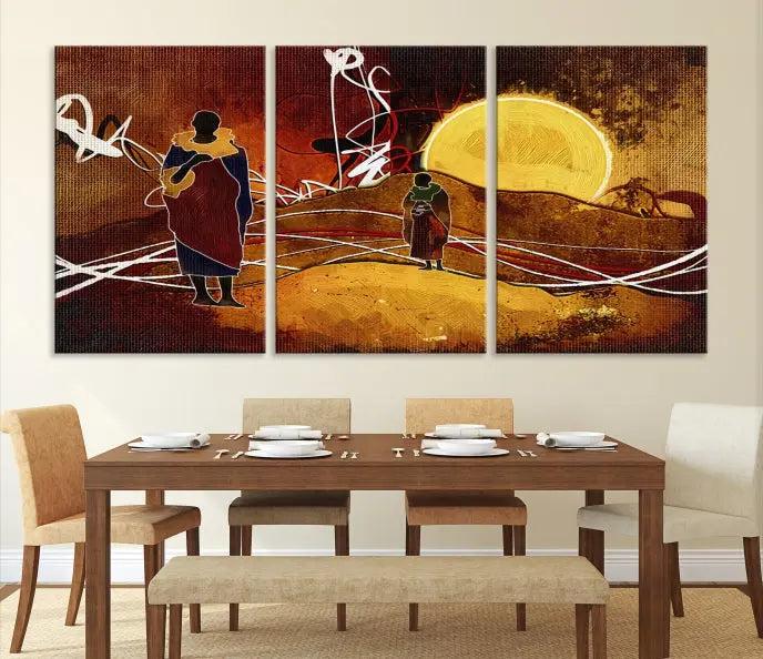 This Sun and African People Wall Art Canvas Print features abstract figures with a prominent yellow sun and dynamic lines. It is crafted on museum-quality canvas with a UV-protective coating and arrives ready to hang.