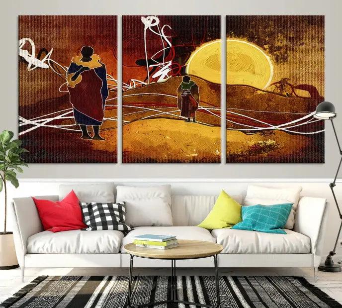 This Sun and African People Wall Art Canvas Print features abstract figures with a prominent yellow sun and dynamic lines. It is crafted on museum-quality canvas with a UV-protective coating and arrives ready to hang.