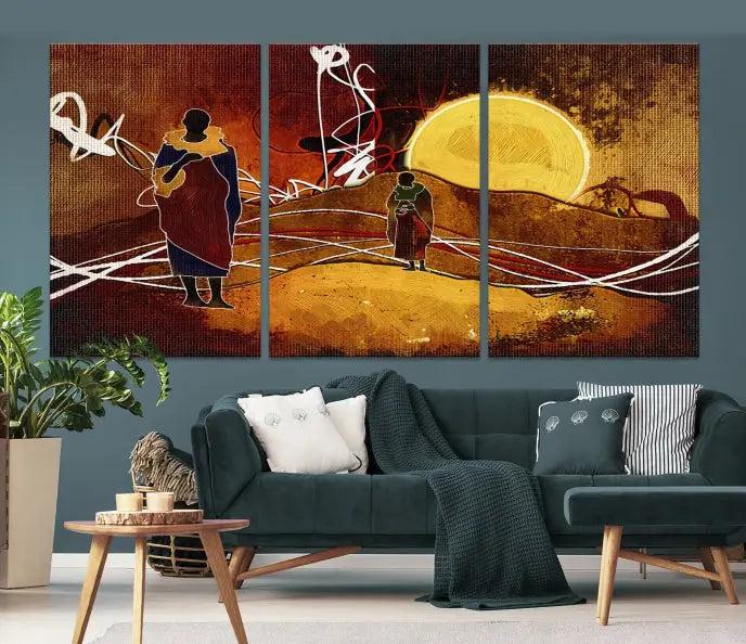 This Sun and African People Wall Art Canvas Print features abstract figures with a prominent yellow sun and dynamic lines. It is crafted on museum-quality canvas with a UV-protective coating and arrives ready to hang.