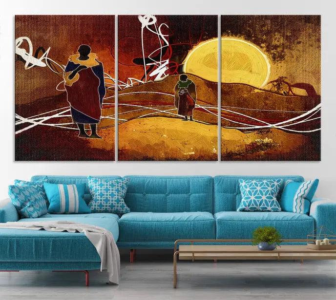 This Sun and African People Wall Art Canvas Print features abstract figures with a prominent yellow sun and dynamic lines. It is crafted on museum-quality canvas with a UV-protective coating and arrives ready to hang.