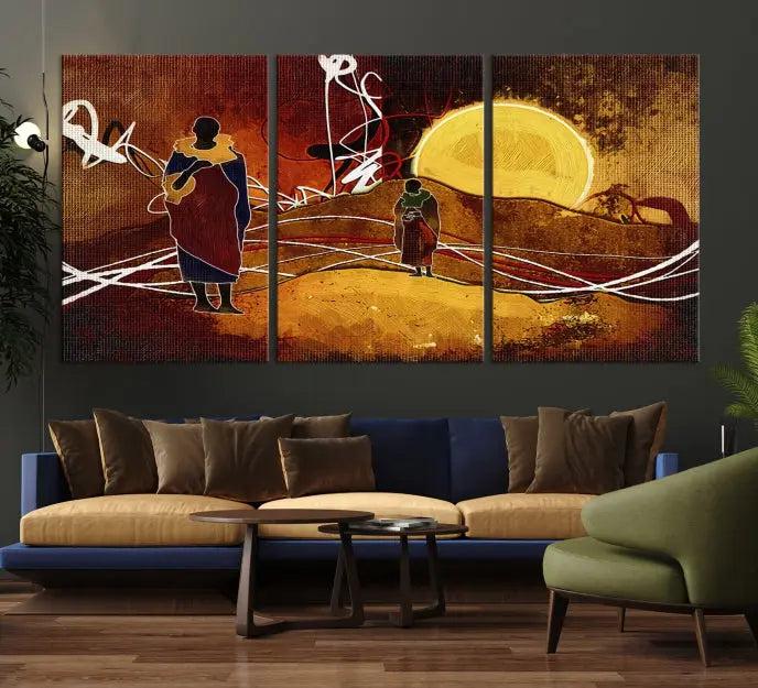 This Sun and African People Wall Art Canvas Print features abstract figures with a prominent yellow sun and dynamic lines. It is crafted on museum-quality canvas with a UV-protective coating and arrives ready to hang.