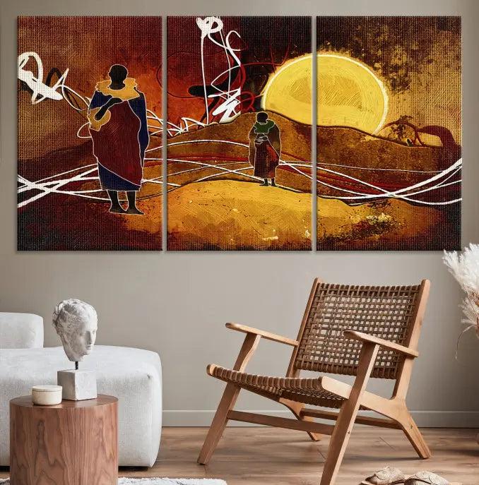 This Sun and African People Wall Art Canvas Print features abstract figures with a prominent yellow sun and dynamic lines. It is crafted on museum-quality canvas with a UV-protective coating and arrives ready to hang.